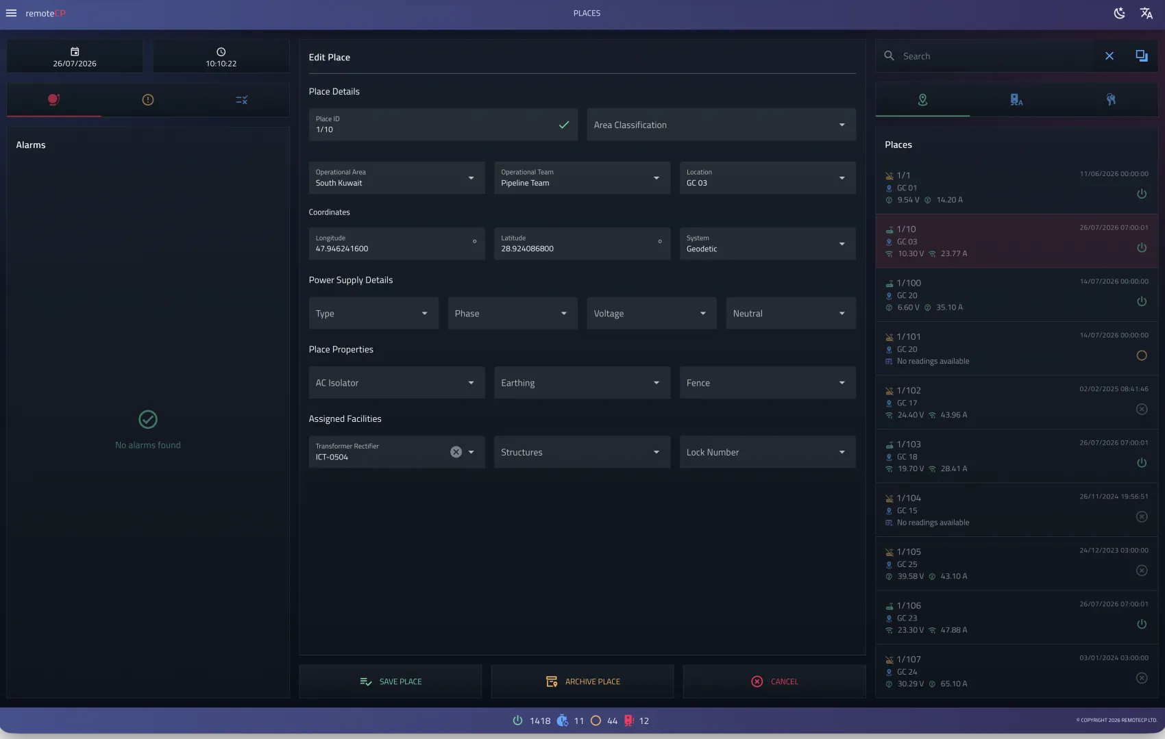 Asset Maintenance Operations Platform location and place management screen