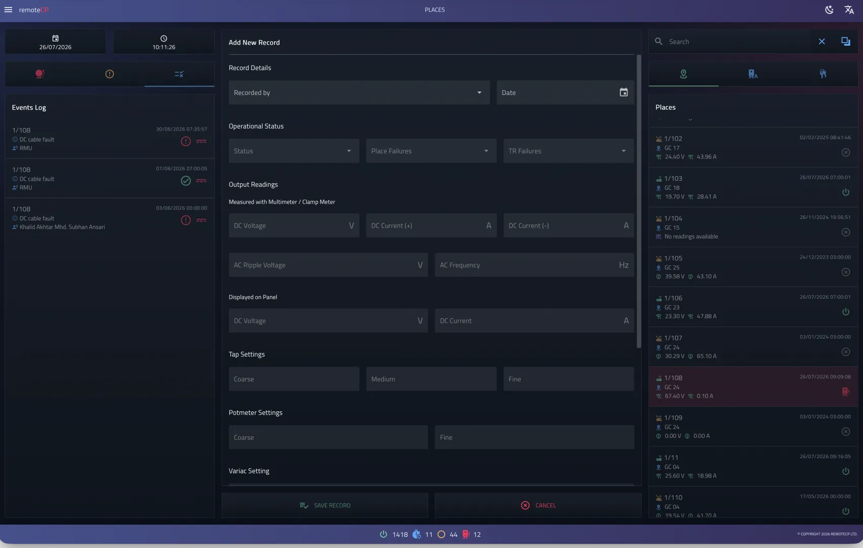 Asset Maintenance Operations Platform field records and event entry screen