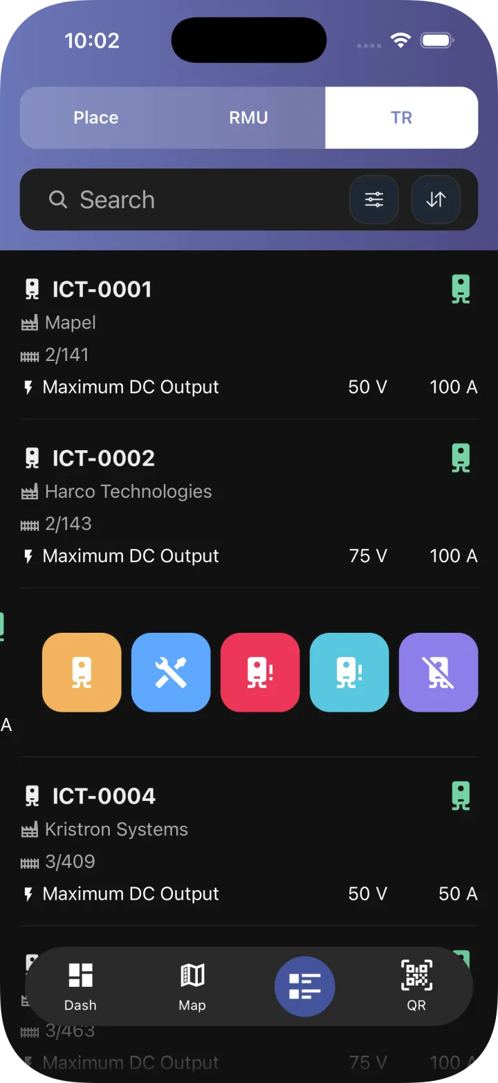 Asset Maintenance Operations Platform asset list on mobile