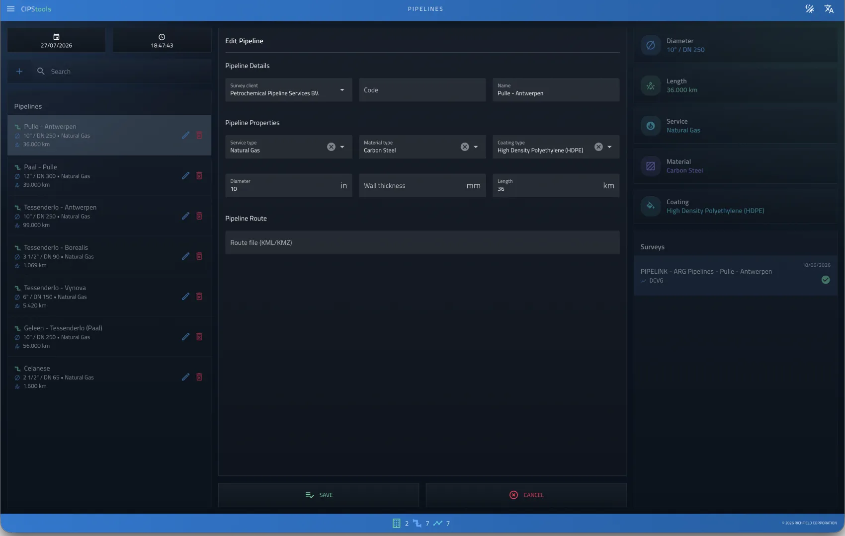 Pipeline Integrity Survey Platform pipeline register and linked survey details