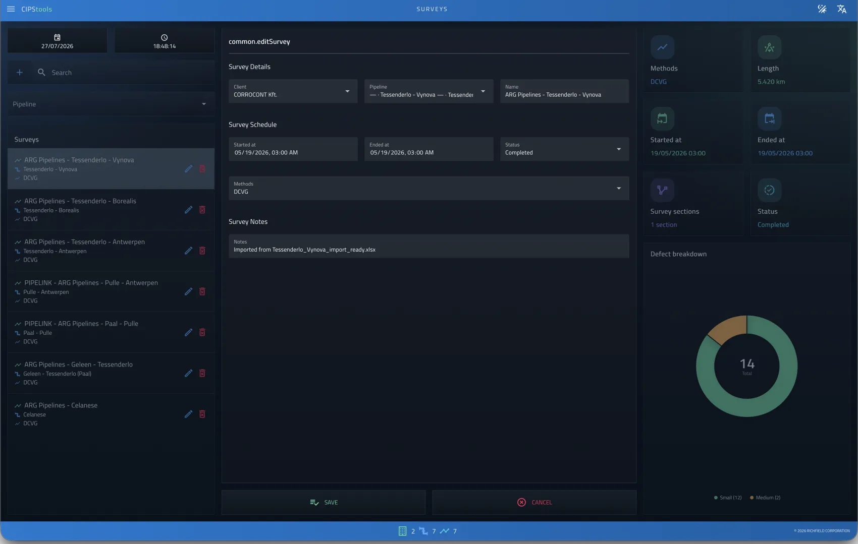 Pipeline Integrity Survey Platform survey setup and defect breakdown screen